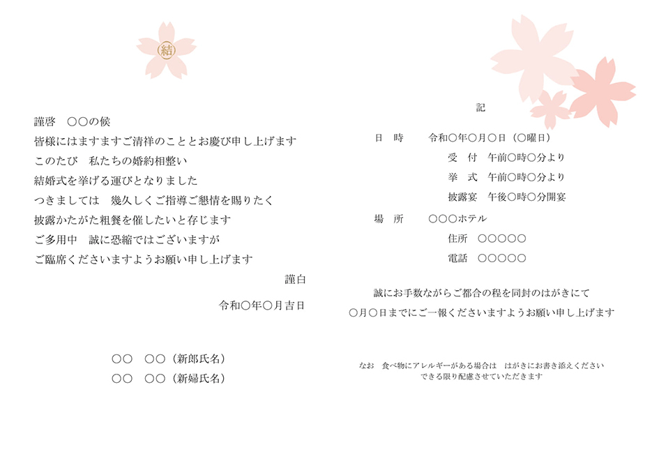 一花-SAKURA-【手作り】結婚式 招待状＋席次表A4＋席札(無料)セット|結婚式 招待状ならPIARY（ピアリー）